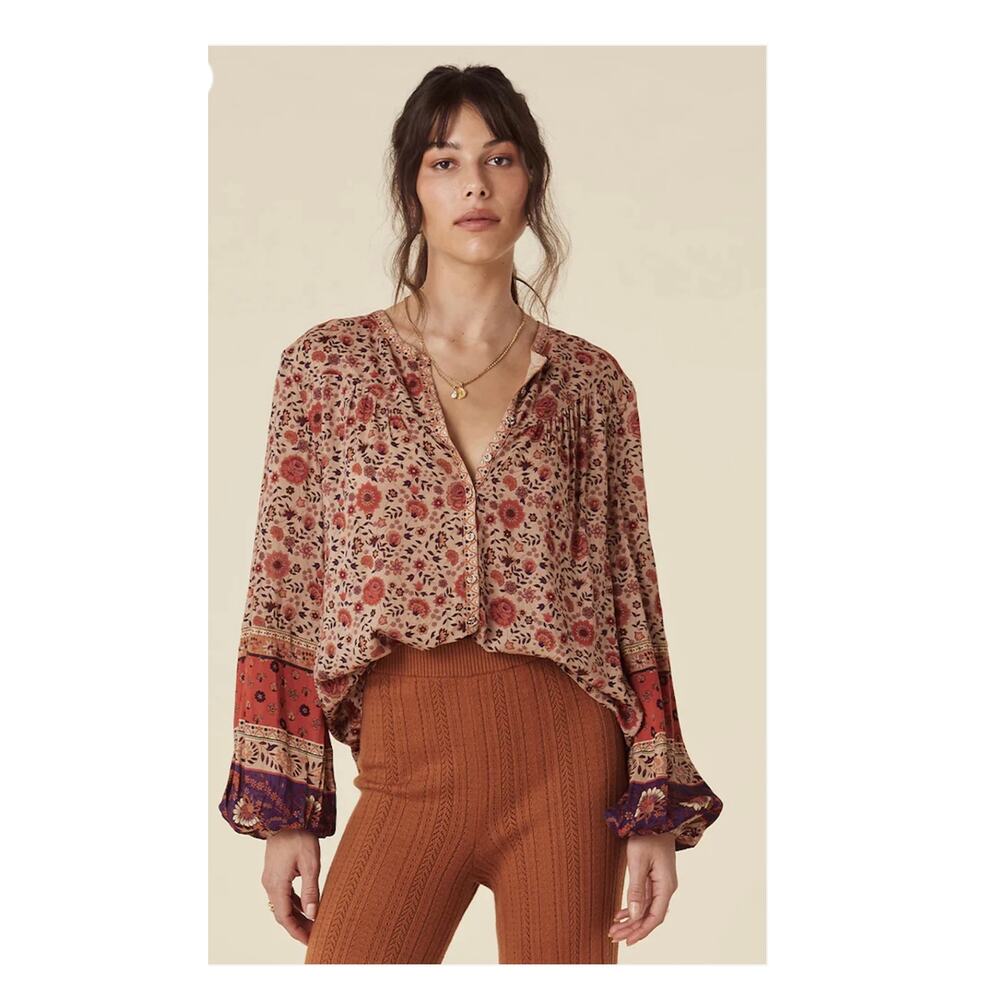 Spell Floral Peasant Blouse in Beige, Rust & Purple